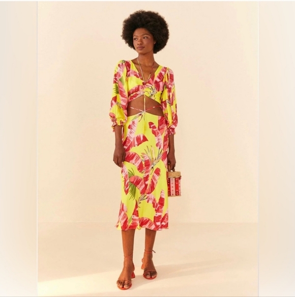 Farm Rio, Sweet Jungle Lime Crop Top, Lime Yellow/Red/Pink, Size XS - Picture 2 of 16